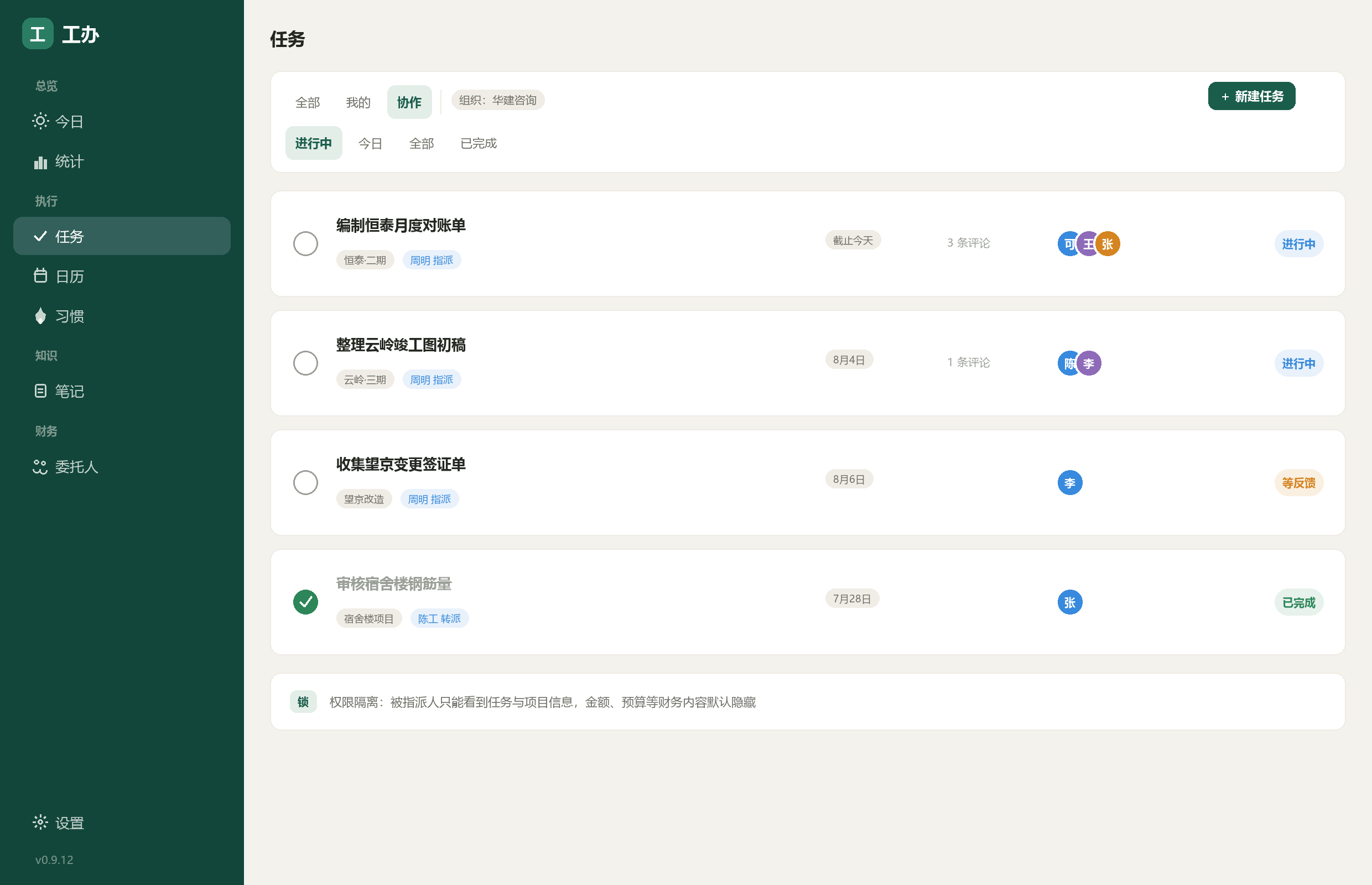 工办任务页协作视角：多人指派头像、来源徽章、财务权限隔离提示